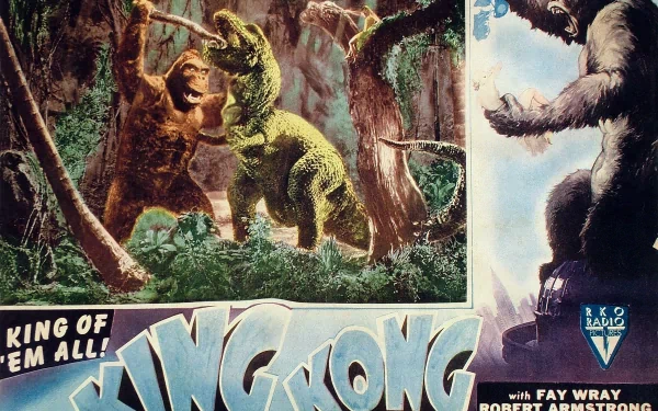 A vibrant HD wallpaper showcasing iconic scenes from the classic 1933 film King Kong, featuring the legendary giant ape in a dramatic jungle showdown.