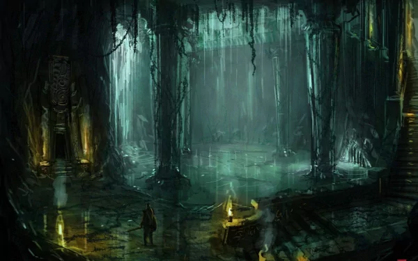 HD PC desktop wallpaper featuring a dark, misty temple scene from the video game Age of Conan, showcasing atmospheric lighting and detailed ancient architecture.