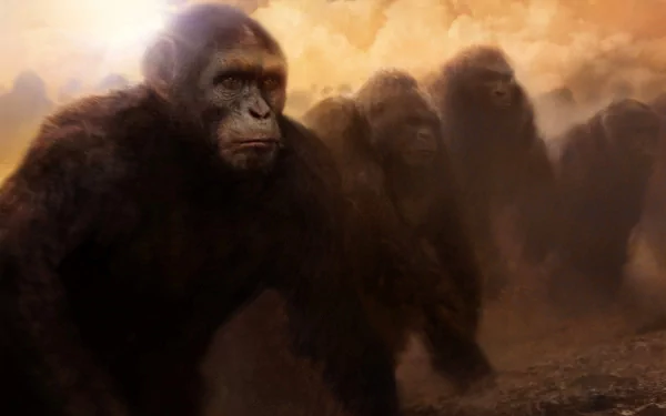 HD PC desktop wallpaper featuring a dramatic scene from the movie Rise of the Planet of the Apes, showing apes emerging through a smoky, orange-tinted background.