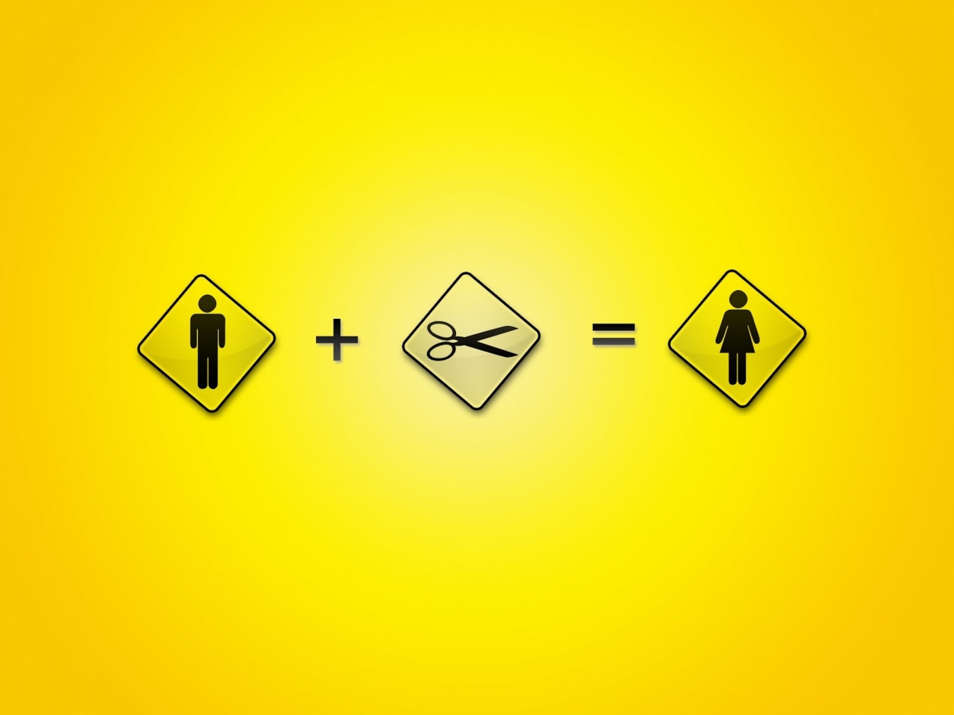 Funny minimalist HD PC desktop wallpaper featuring a yellow background with a visual equation of a man symbol plus scissors equaling a woman symbol.