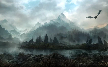 HD PC desktop wallpaper featuring a misty mountainous landscape from the video game The Elder Scrolls V: Skyrim, with a dragon flying above the rugged terrain.