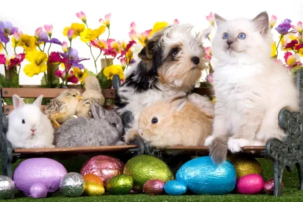 4K Ultra HD PC desktop wallpaper featuring a cute group of animals including rabbits, a puppy, and a kitten surrounded by colorful Easter eggs and flowers.