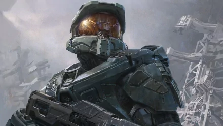 HD PC desktop wallpaper featuring the armored Spartan soldier Master Chief from the video game Halo 4, set against a cloudy, futuristic battlefield background.
