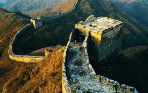 HD desktop wallpaper showcasing the man-made Great Wall of China winding over the mountainous landscape at sunset.