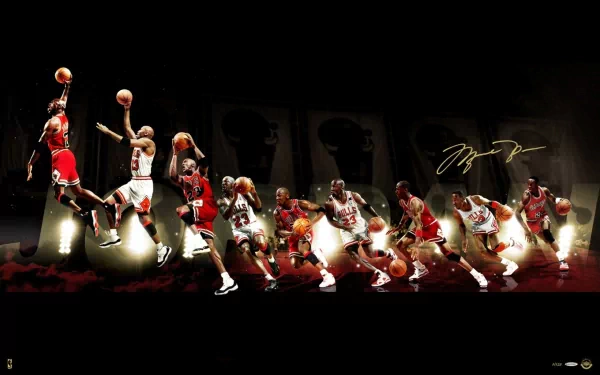 HD desktop wallpaper featuring Michael Jordan in various iconic basketball moments, with vibrant colors and dynamic lighting.