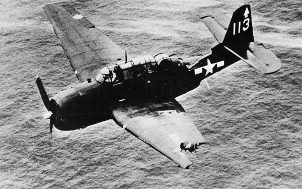 Grumman TBF Avenger torpedo bomber in flight over the ocean, black-and-white military photo presented as an HD PC desktop wallpaper/background.