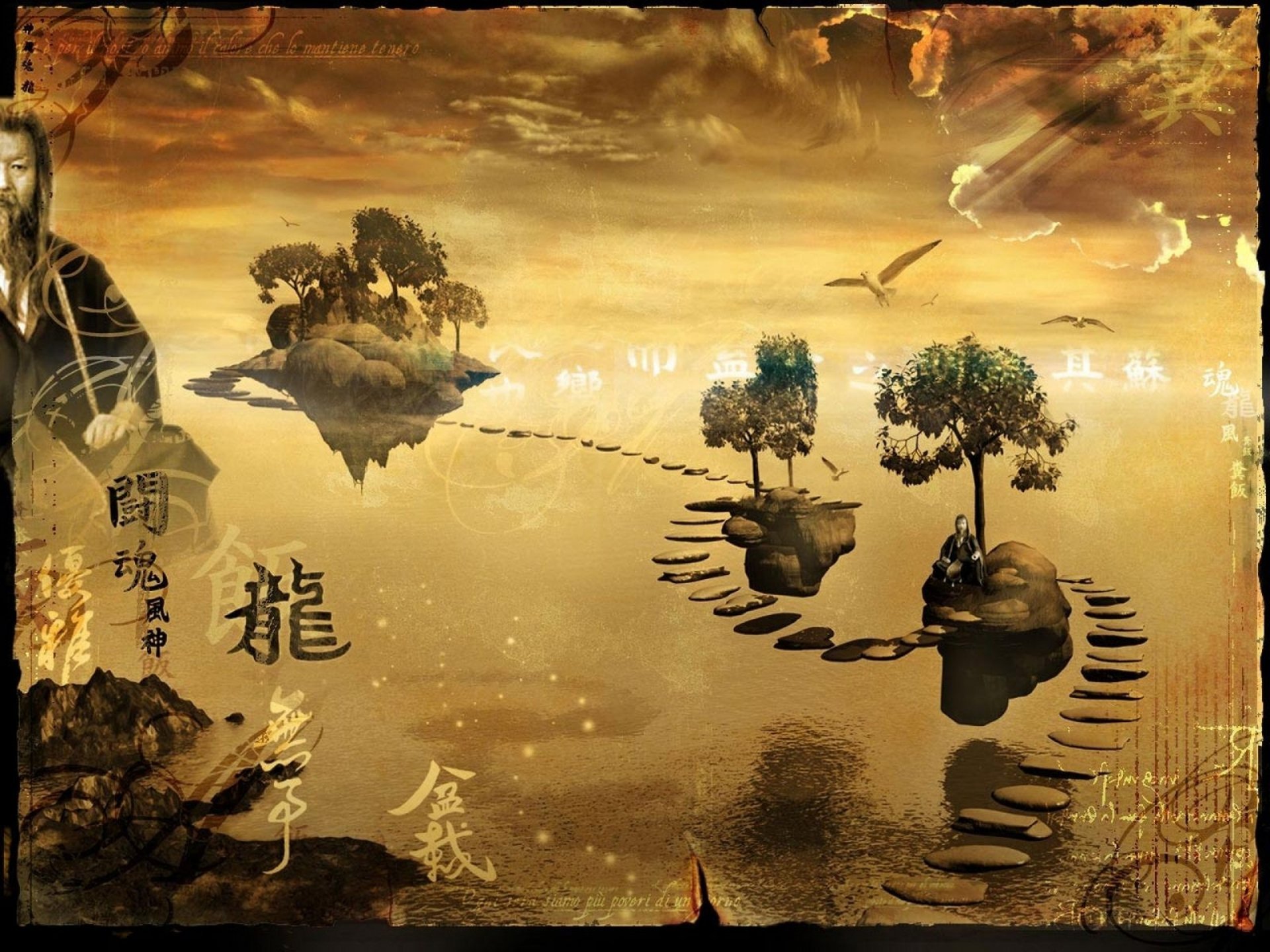 Artistic Artwork 2K Quad HD PC Desktop Wallpaper Background — golden surreal scene of floating islands and stepping-stone path across a mirrored sea, birds and Asian calligraphy.