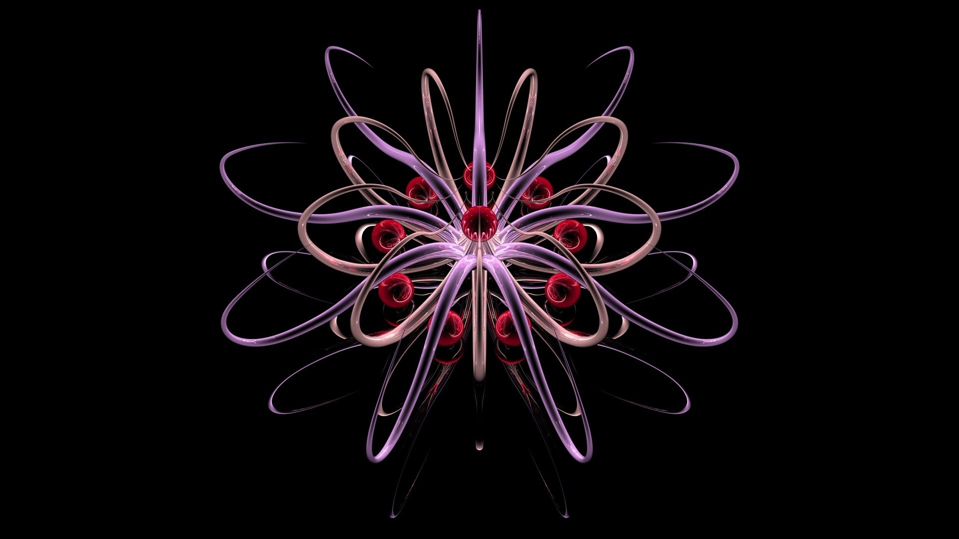 Artistic 3D digital design featuring an intricate, symmetrical pattern with pink and red glowing loops on a black background, crafted as an HD PC desktop wallpaper.