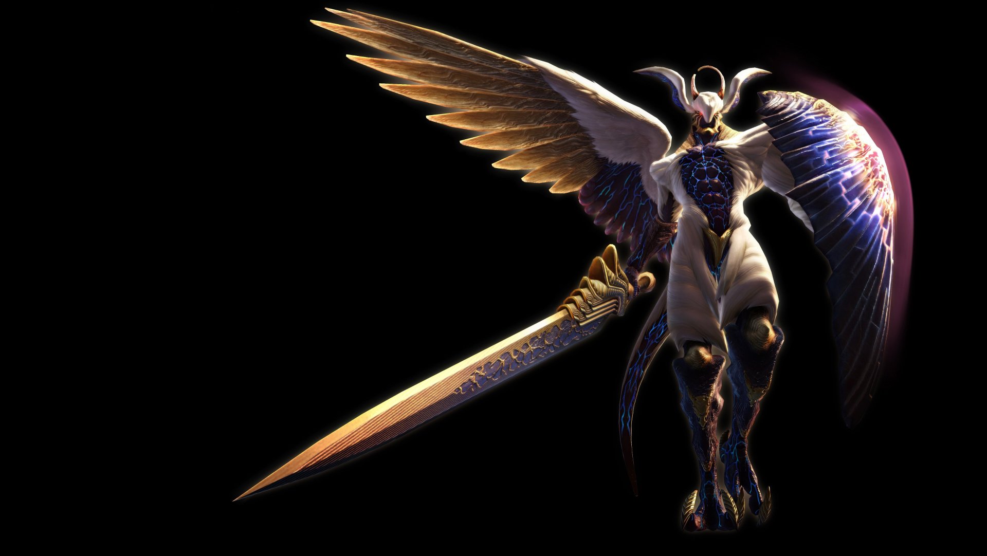 Winged armored demon from the video game Devil May Cry 4 brandishing a glowing sword on a black background — 4K Ultra HD PC desktop wallpaper/background.