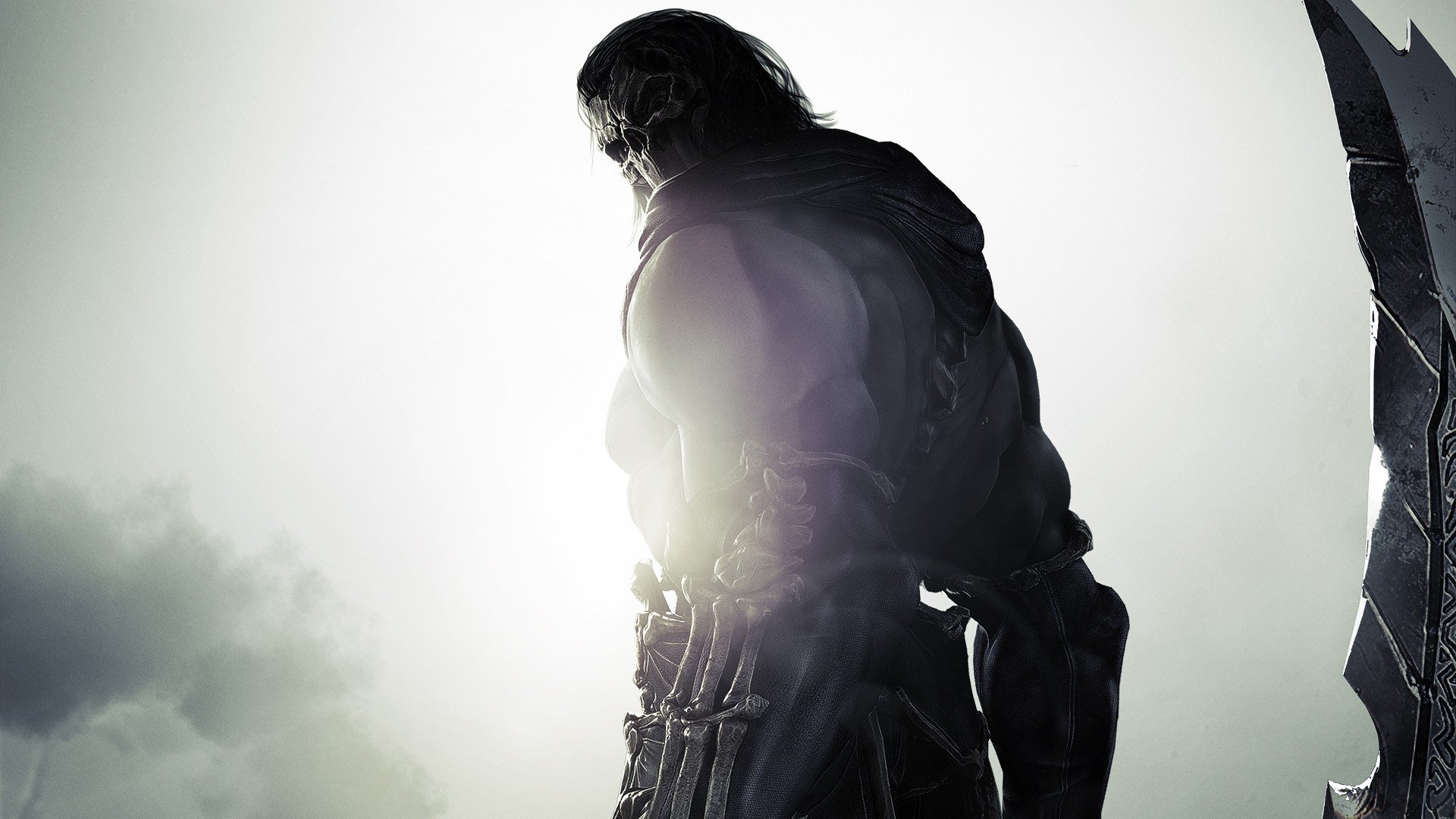 HD PC desktop wallpaper featuring a dark, silhouetted character from the video game Darksiders II against a bright, misty background.