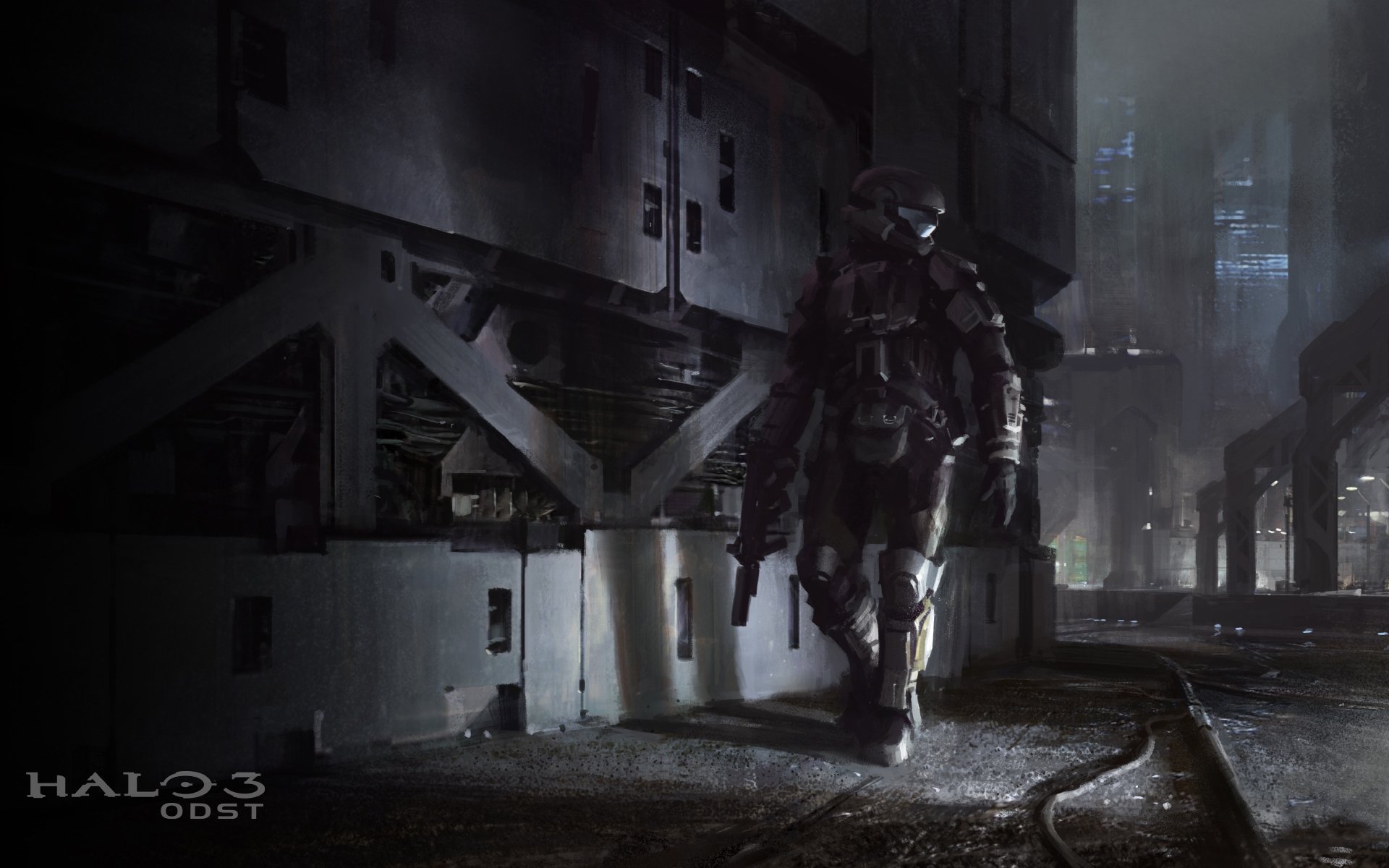 HD PC desktop wallpaper from the video game Halo 3: a lone armored soldier (ODST) walks a rain-slick industrial street at night, framed by misty lights and heavy shadows.