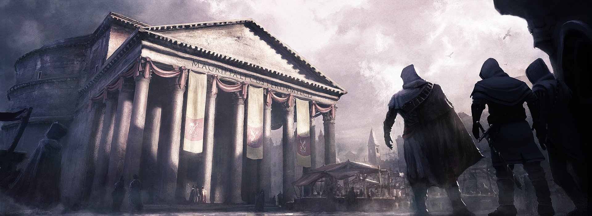 HD PC desktop wallpaper for Assassin's Creed: Brotherhood — a hooded assassin on a rooftop overlooks a grand Roman temple and bustling market beneath a cloudy sky.