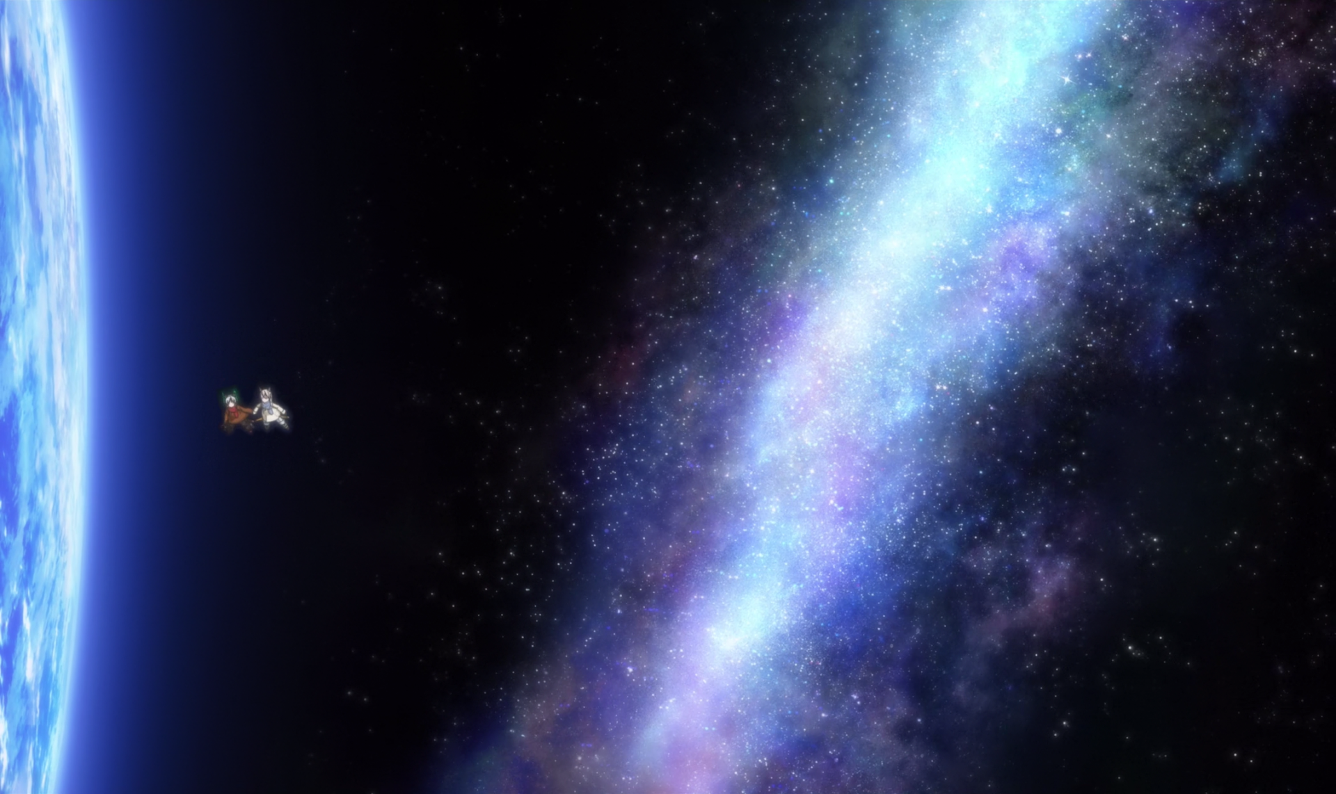HD anime desktop wallpaper featuring a Strike Witches character flying in space near a glowing Milky Way, with Earth visible on the left side.