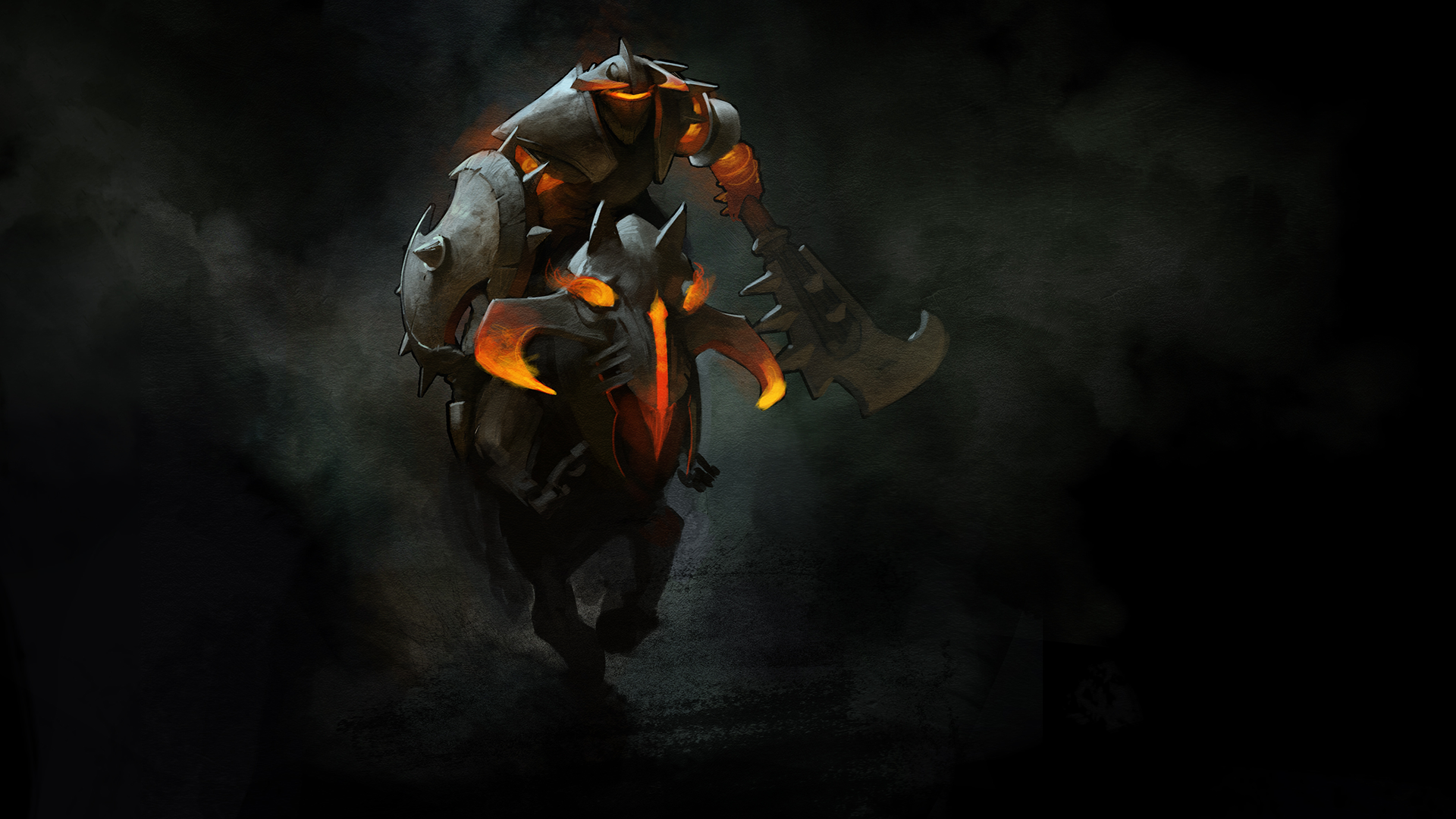 HD PC desktop wallpaper featuring a fiery, armored hero from the video game DotA 2 emerging through dark, smoky shadows.