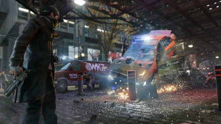 Aiden Pearce from the video game Watch Dogs navigates a gritty urban scene, featuring explosive action and high-tech elements in this striking 4K Ultra HD desktop wallpaper.