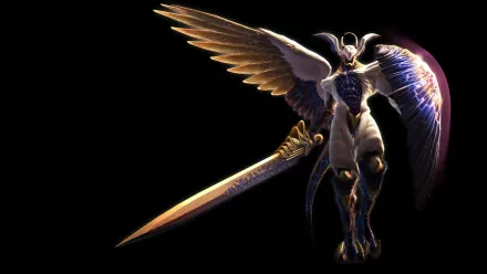 Winged armored demon from the video game Devil May Cry 4 brandishing a glowing sword on a black background — 4K Ultra HD PC desktop wallpaper/background.