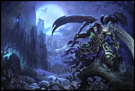 A dramatic 4K Ultra HD wallpaper from Darksiders II, featuring a dark, armored figure wielding a massive scythe against a haunting, ruined landscape under a moonlit sky.