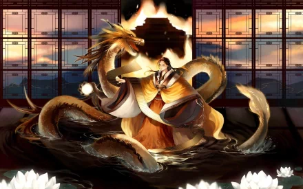 HD PC desktop wallpaper featuring an Anime scene from Hetalia Axis Powers, depicting a character in traditional attire interacting with a large golden dragon inside a room with shoji windows.