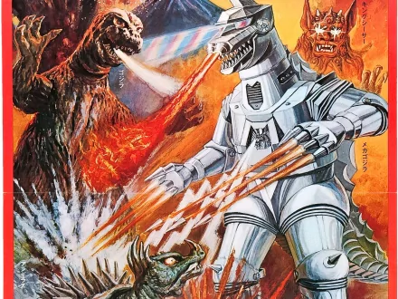 HD PC desktop wallpaper featuring an epic battle scene from the movie Godzilla vs. Mechagodzilla, showcasing fiery destruction and intense monster combat.