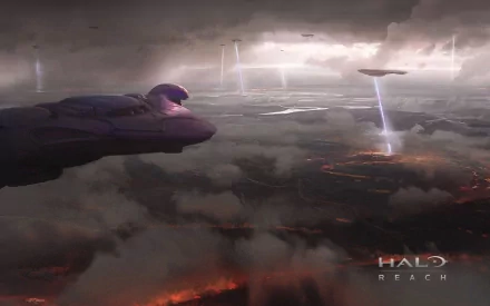 A dramatic HD desktop wallpaper from Halo: Reach, featuring a sleek spacecraft soaring through ominous clouds with beams of light piercing the sky, evoking a sense of urgency and adventure.