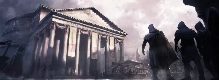 HD PC desktop wallpaper for Assassin's Creed: Brotherhood — a hooded assassin on a rooftop overlooks a grand Roman temple and bustling market beneath a cloudy sky.