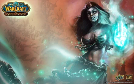 Video game HD PC wallpaper for World of Warcraft: Trading Card Game — an ethereal, chained sorceress unleashing blue-green arcane energy, with the WoW TCG logo in the corner.