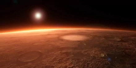 A stunning Sci-Fi scene depicting the Martian landscape, featuring craters under the glow of a distant sun, showcasing the beauty of the planet in rich, vibrant HD detail.