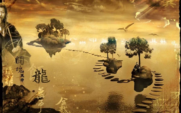 Artistic Artwork 2K Quad HD PC Desktop Wallpaper Background — golden surreal scene of floating islands and stepping-stone path across a mirrored sea, birds and Asian calligraphy.