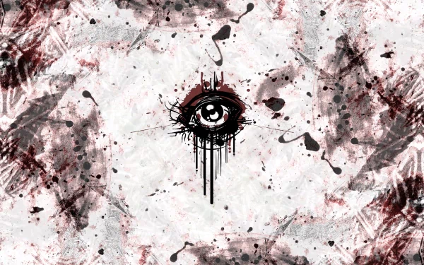 Abstract grunge HD desktop wallpaper featuring a red and black eye design on a white textured background with splattered paint effects.