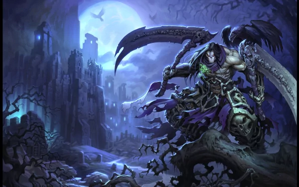 A dramatic 4K Ultra HD wallpaper from Darksiders II, featuring a dark, armored figure wielding a massive scythe against a haunting, ruined landscape under a moonlit sky.