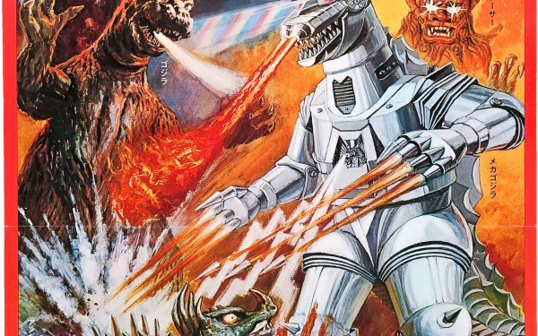 HD PC desktop wallpaper featuring an epic battle scene from the movie Godzilla vs. Mechagodzilla, showcasing fiery destruction and intense monster combat.