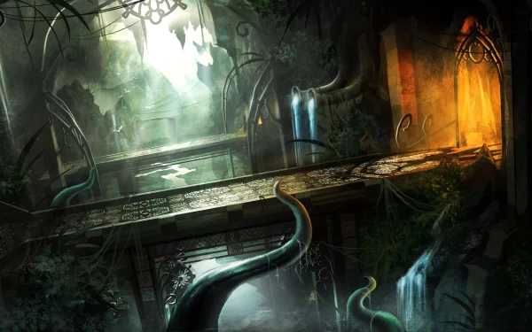 HD PC desktop wallpaper featuring a dark, fantasy environment from the video game Trine 2, with mysterious glowing light and creeping tentacle-like vines.