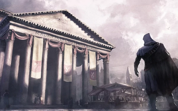 HD PC desktop wallpaper for Assassin's Creed: Brotherhood — a hooded assassin on a rooftop overlooks a grand Roman temple and bustling market beneath a cloudy sky.