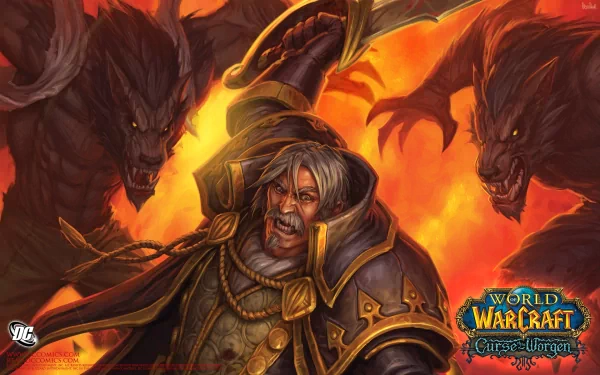 HD PC desktop wallpaper featuring a dramatic World of Warcraft: Curse of the Worgen comic scene with a fierce warrior surrounded by menacing worgen against a fiery background.