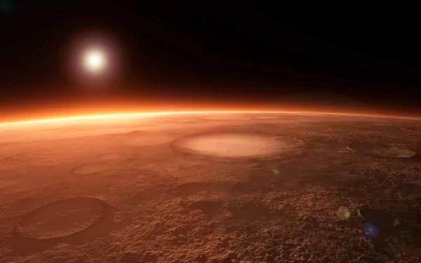 A stunning Sci-Fi scene depicting the Martian landscape, featuring craters under the glow of a distant sun, showcasing the beauty of the planet in rich, vibrant HD detail.