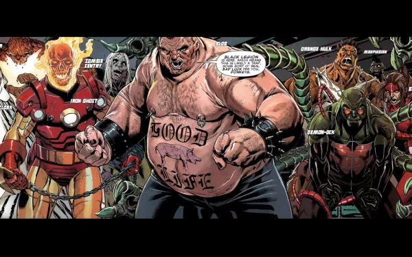 HD comic wallpaper featuring Marvel's Thing, Ghost Rider, Iron Man, and Uncanny X-Men characters in an intense, action-packed scene.