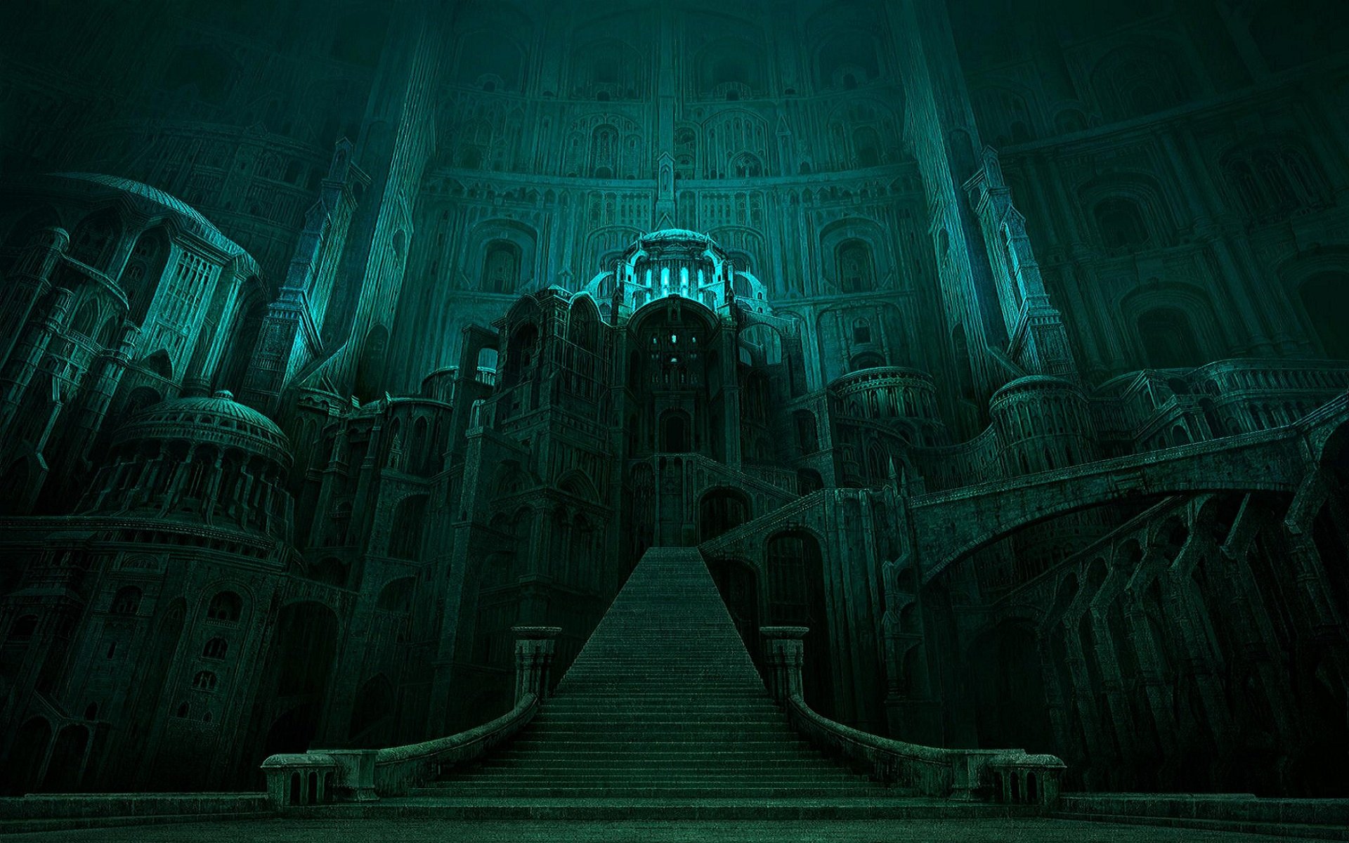 HD fantasy desktop wallpaper depicting a dark, imposing fortress inspired by The Lord of the Rings, with towering architecture and a grand staircase leading into shadows.