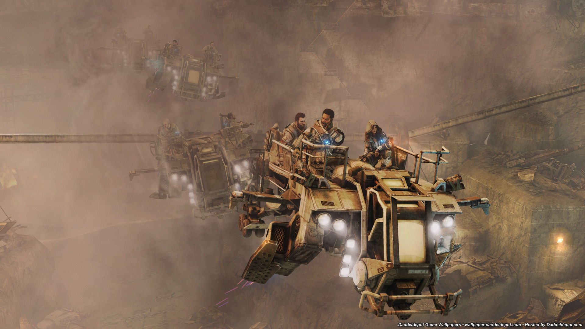 Killzone 3 HD PC desktop wallpaper/background: armed hover transports and soldiers cutting through a dust-choked warzone, a convoy and ruined skyline from the Killzone video game.