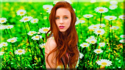 HD desktop wallpaper featuring a redhead woman model with long flowing hair standing in a vibrant green field of white daisies.