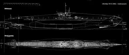 Blueprint-style 4K Ultra HD wallpaper of a German Type VII military submarine, showcasing side and top views with detailed structural lines on a black background.