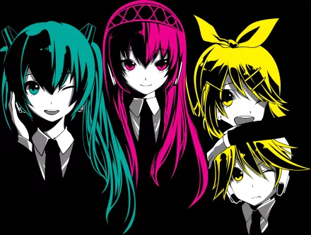 HD anime desktop wallpaper: 'Love is War' Vocaloid trio — Hatsune Miku (teal), Luka Megurine (magenta), Rin Kagamine (yellow) — high-contrast stylized portraits in suits.