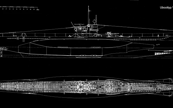 Blueprint-style 4K Ultra HD wallpaper of a German Type VII military submarine, showcasing side and top views with detailed structural lines on a black background.
