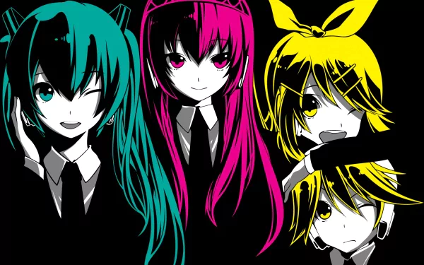 HD anime desktop wallpaper: 'Love is War' Vocaloid trio — Hatsune Miku (teal), Luka Megurine (magenta), Rin Kagamine (yellow) — high-contrast stylized portraits in suits.