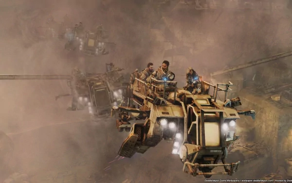 Killzone 3 HD PC desktop wallpaper/background: armed hover transports and soldiers cutting through a dust-choked warzone, a convoy and ruined skyline from the Killzone video game.