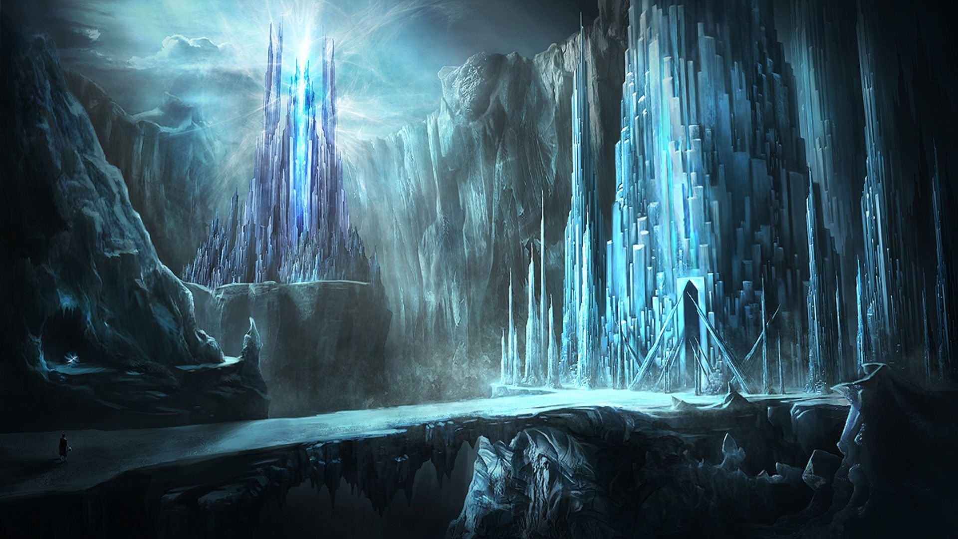 HD fantasy landscape of towering icy spires and rugged cliffs under a cloudy sky, designed as a detailed PC desktop wallpaper and background.