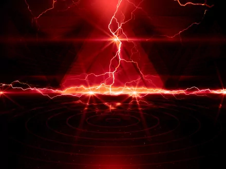 An abstract HD desktop wallpaper featuring vibrant red tones and striking lightning patterns, set against a dark background with ripple effects.