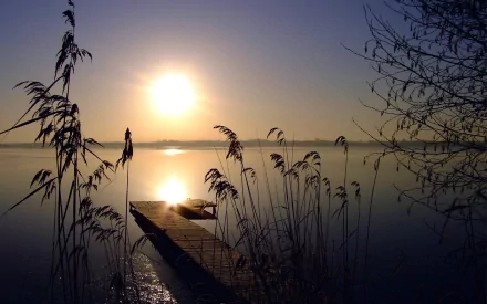 HD photography desktop wallpaper capturing a serene sunbeam over calm waters with silhouetted reeds and a wooden dock extending into the lake at sunrise or sunset.