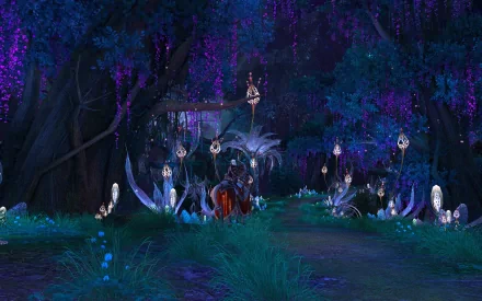 HD desktop wallpaper from Tera featuring an enchanting nighttime forest scene with mystical creatures and glowing flora.