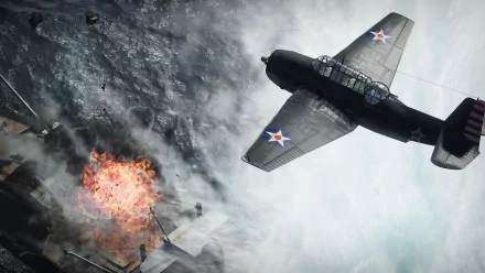 HD War Thunder wallpaper featuring an aircraft soaring above an explosive battle at sea for a desktop background.