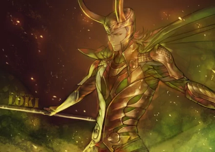 HD PC desktop wallpaper featuring Loki from Marvel Comics in a dramatic, glowing green and gold design inspired by The Ultimates series.